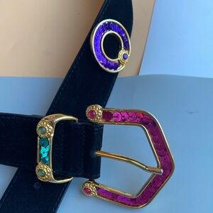 Express Black Leather Belt with Gold, Pink, and Purple Sequin Details